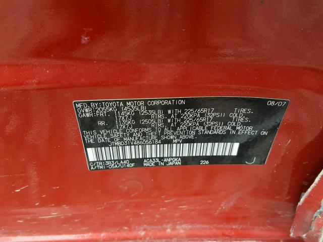 JTMBD31V486056184 - 2008 TOYOTA RAV4 LIMIT RED photo 10