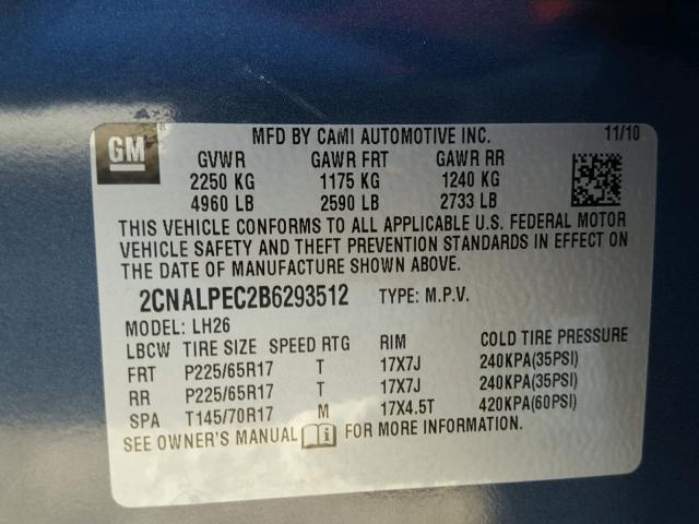 2CNALPEC2B6293512 - 2011 CHEVROLET EQUINOX LT BLUE photo 10