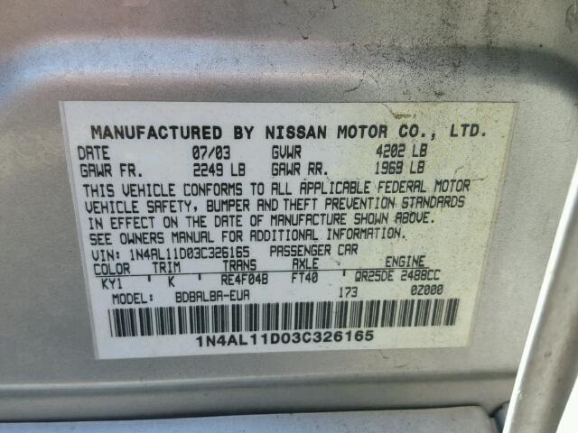 1N4AL11D03C326165 - 2003 NISSAN ALTIMA BAS SILVER photo 10