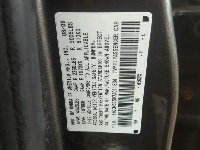 1HGCM66507A011934 - 2007 HONDA ACCORD EX GRAY photo 10