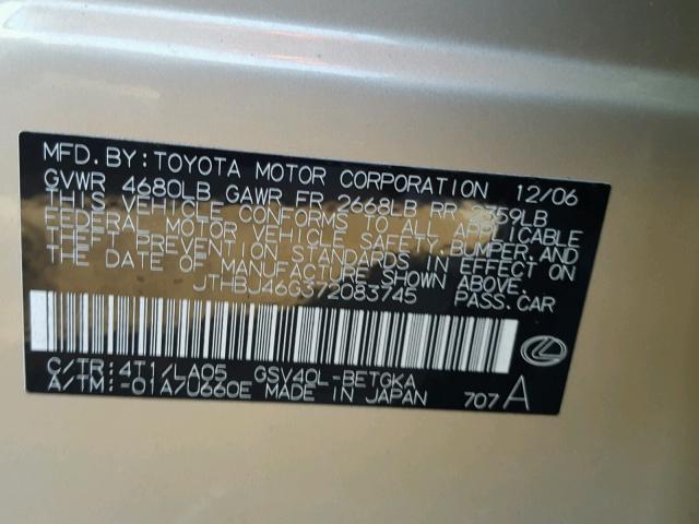 JTHBJ46G372083745 - 2007 LEXUS ES 350 TAN photo 10