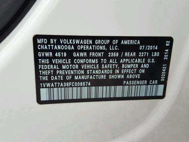 1VWAT7A38FC008574 - 2015 VOLKSWAGEN PASSAT S Weiß Foto 10