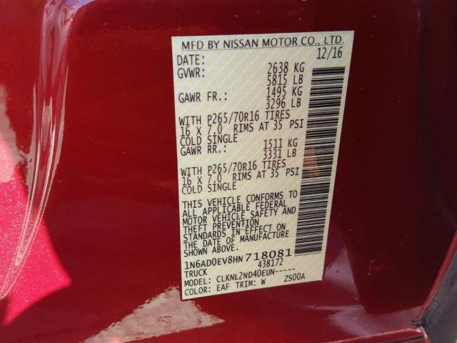 1N6AD0EV8HN718081 - 2017 NISSAN FRONTIER S BURGUNDY photo 10