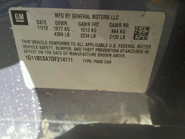 1G11B5SA7DF214111 - 2013 CHEVROLET MALIBU LS ლურჯი ფოტო 10