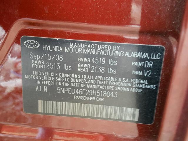 5NPEU46F29H518043 - 2009 HYUNDAI SONATA SE MAROON photo 10