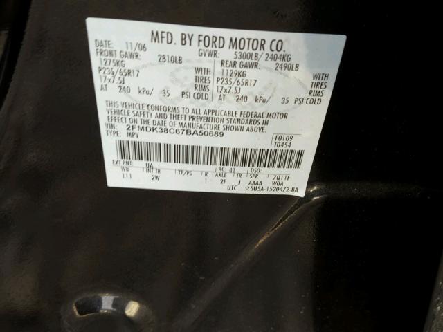 2FMDK38C67BA50689 - 2007 FORD EDGE SEL BLACK photo 10