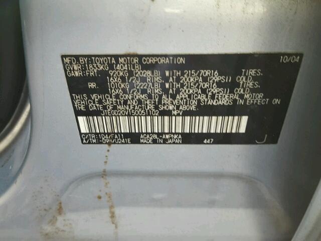 JTEGD20V150051102 - 2005 TOYOTA RAV4 SILVER photo 10