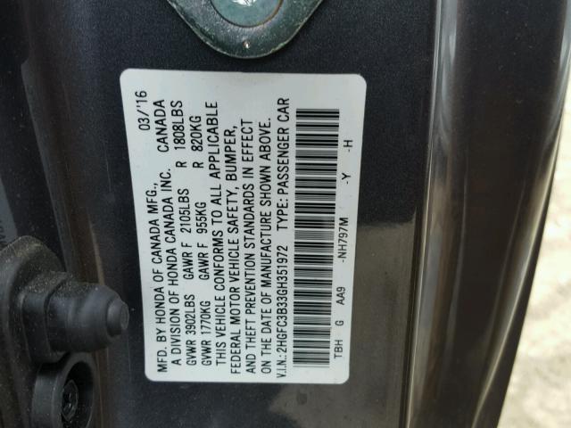 2HGFC3B33GH351972 - 2016 HONDA CIVIC EX ნაცრისფერი ფოტო 10