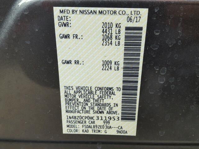 1N4BZ0CP0HC311953 - 2017 NISSAN LEAF S GRAY photo 10