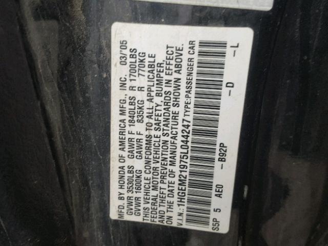 1HGEM21975L044247 - 2005 HONDA CIVIC EX შავი ფოტო 10