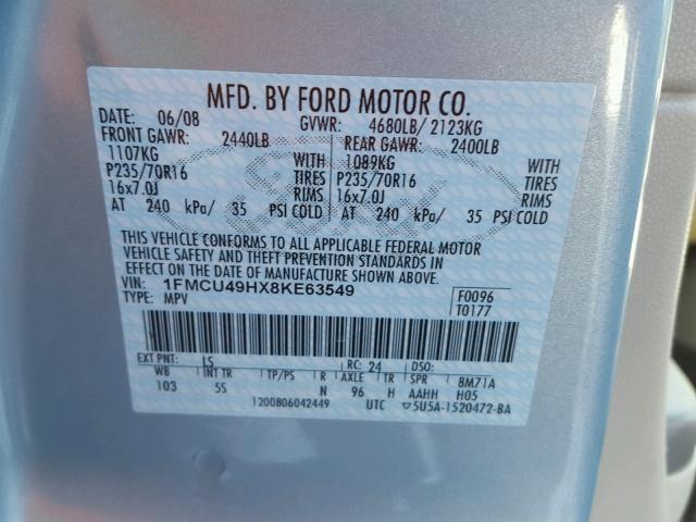 1FMCU49HX8KE63549 - 2008 FORD ESCAPE HEV BLUE photo 10