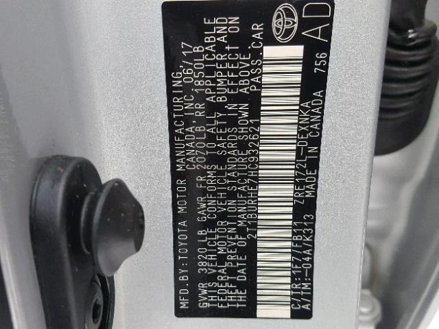 2T1BURHE7HC932621 - 2017 TOYOTA COROLLA L SILVER photo 10