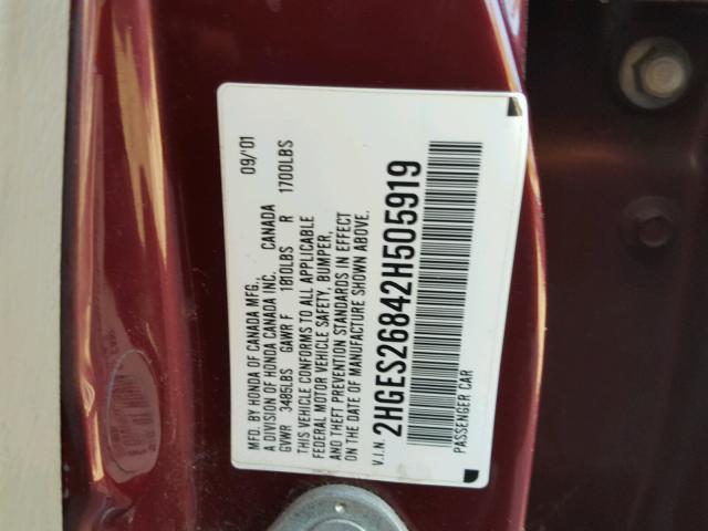 2HGES26842H505919 - 2002 HONDA CIVIC EX 红色 照片 10