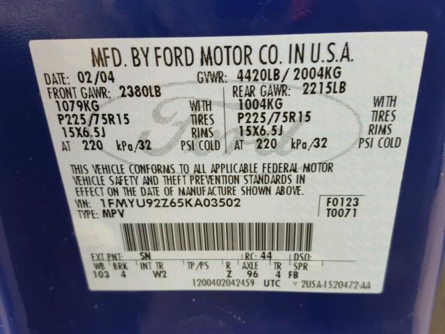 1FMYU92Z65KA03502 - 2005 FORD ESCAPE XLS BLUE photo 10