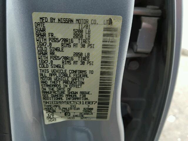 5N1ED28Y92C531887 - 2002 NISSAN XTERRA XE SILVER photo 10