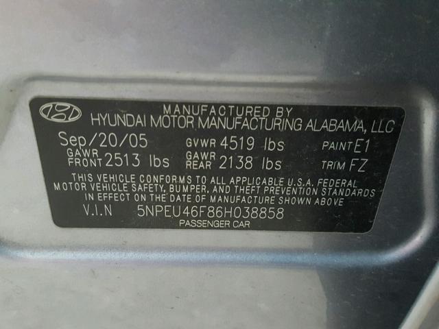 5NPEU46F86H038858 - 2006 HYUNDAI SONATA GLS BLUE photo 10