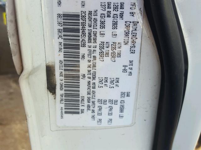 2C8GF68404R514299 - 2004 CHRYSLER PACIFICA WHITE photo 10