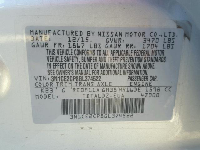 3N1CE2CP8GL374522 - 2016 NISSAN VERSA NOTE SILVER photo 10