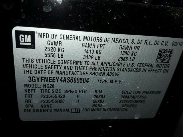 3GYFNEEY4AS608504 - 2010 CADILLAC SRX PERFOR 黑色 照片 10