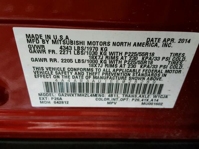 4A4AR3AU1EE028289 - 2014 MITSUBISHI OUTLANDER RED photo 10