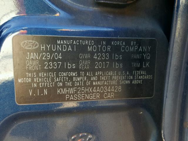 KMHWF25HX4A034428 - 2004 HYUNDAI SONATA GL BLUE photo 10