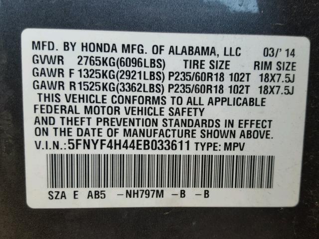 5FNYF4H44EB033611 - 2014 HONDA PILOT EX GRAY photo 10