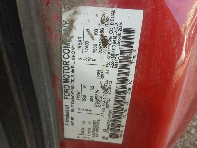 3FRNF65F25V157289 - 2005 FORD F650 SUPER RED photo 10