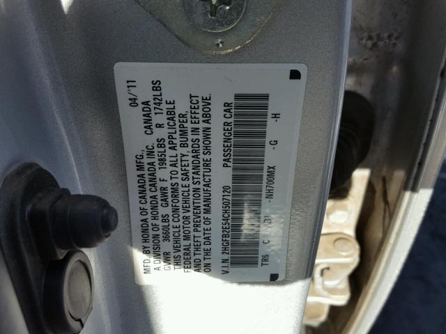 2HGFB2E54CH507120 - 2012 HONDA CIVIC LX SILVER photo 10