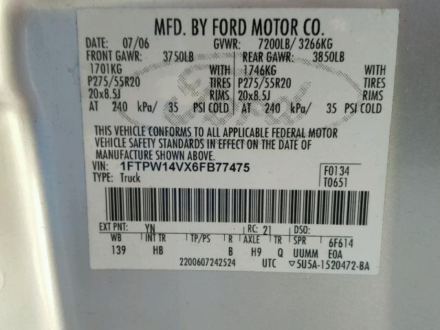 1FTPW14VX6FB77475 - 2006 FORD F150 SUPER SILVER photo 10