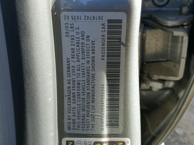 WVWPD63B64P096944 - 2004 VOLKSWAGEN PASSAT GLS SILVER photo 10