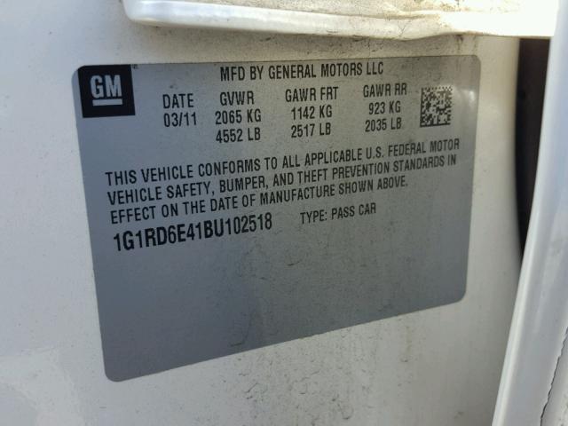 1G1RD6E41BU102518 - 2011 CHEVROLET VOLT WHITE photo 10