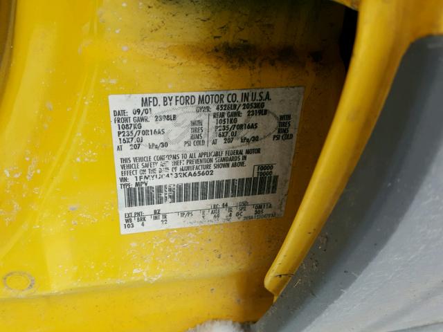 1FMYU04132KA65602 - 2002 FORD ESCAPE XLT YELLOW photo 10