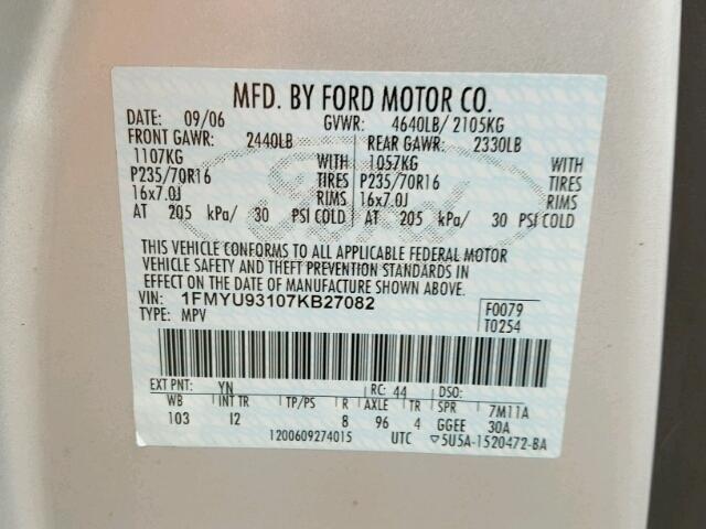 1FMYU93107KB27082 - 2007 FORD ESCAPE XLT GRAY photo 10