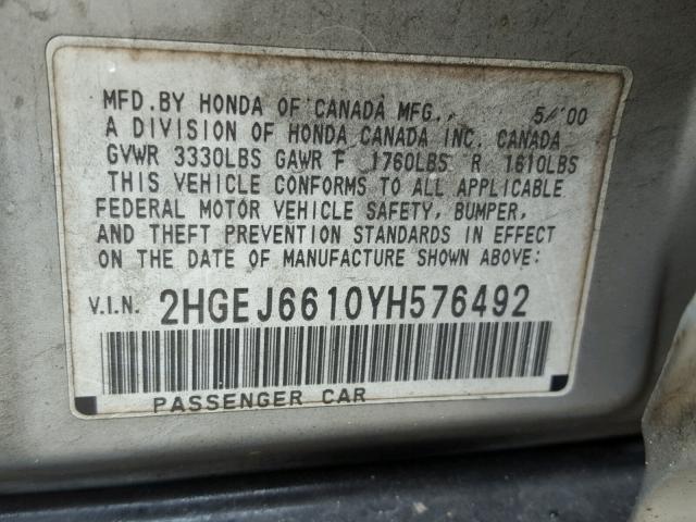 2HGEJ6610YH576492 - 2000 HONDA CIVIC BASE 银色 照片 10