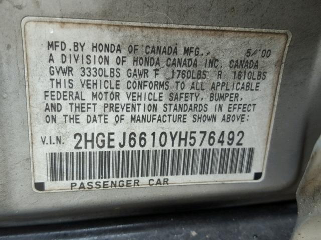 2HGEJ6610YH576492 - 2000 HONDA CIVIC BASE SILVER photo 10