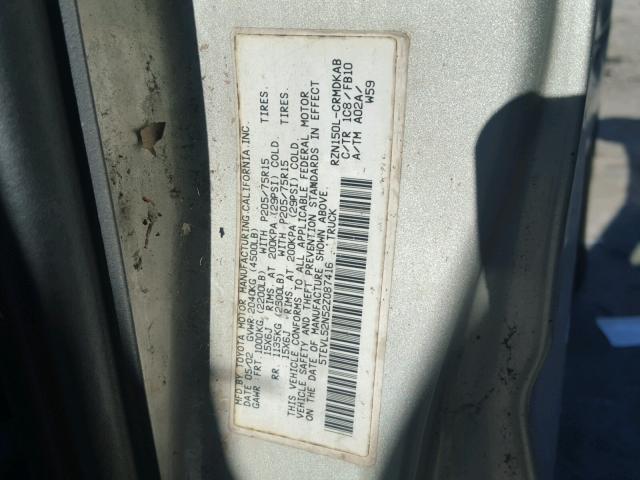 5TEVL52N52Z087416 - 2002 TOYOTA TACOMA XTR SILVER photo 10