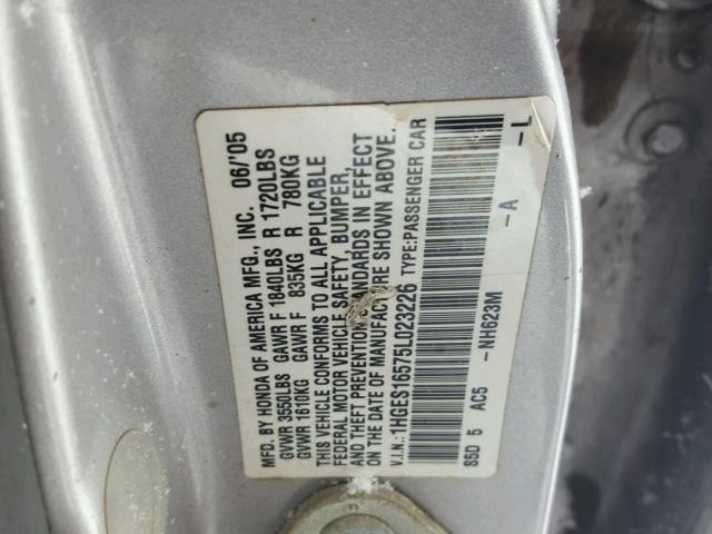 1HGES16575L023226 - 2005 HONDA CIVIC LX SILVER photo 10