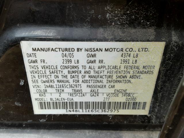 1N4BL11E65C362975 - 2005 NISSAN ALTIMA SE BLACK photo 10