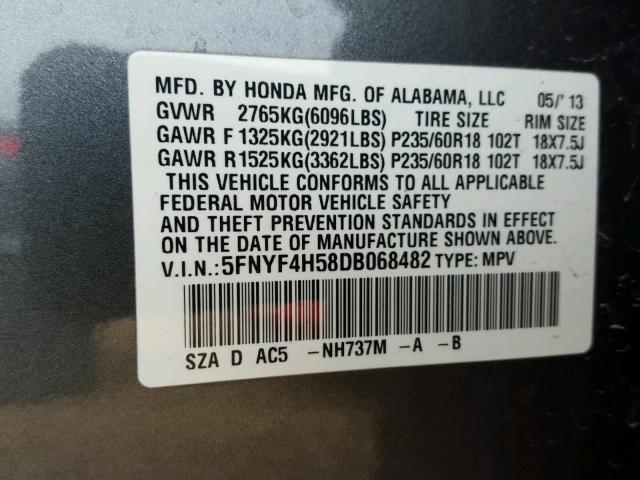 5FNYF4H58DB068482 - 2013 HONDA PILOT EXL GRAY photo 10