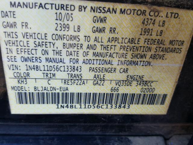 1N4BL11D56C133843 - 2006 NISSAN ALTIMA SE BLACK photo 10