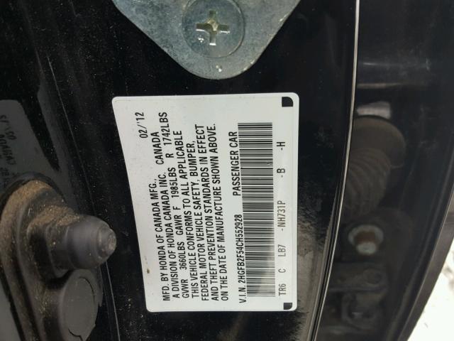 2HGFB2F54CH552928 - 2012 HONDA CIVIC LX BLACK photo 10