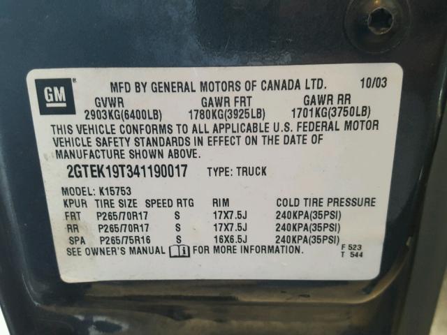 2GTEK19T341190017 - 2004 GMC NEW SIERRA GRAY photo 10