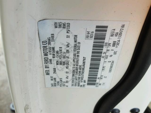 1FMEU75E08UA08767 - 2008 FORD EXPLORER L CREAM photo 10