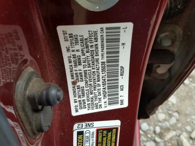 1HGFA16547L135038 - 2007 HONDA CIVIC LX RED photo 10