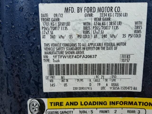 1FTFW1EF4DFA20637 - 2013 FORD F150 SUPER BLUE photo 10