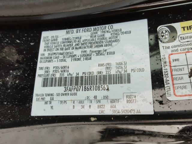 3FAFP07186R108563 - 2006 FORD FUSION SE BLACK photo 10