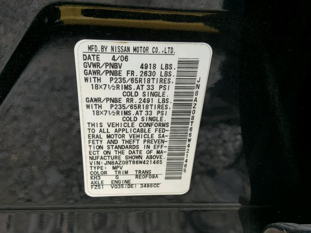 JN8AZ08T66W421465 - 2006 NISSAN MURANO SL BLACK photo 10