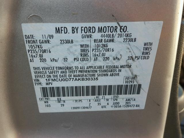 1FMCU0D77AKB30335 - 2010 FORD ESCAPE XLT SILVER photo 10