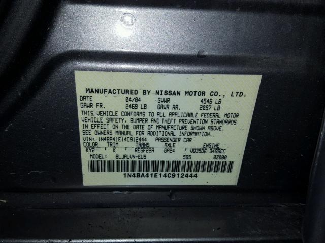 1N4BA41E14C912444 - 2004 NISSAN MAXIMA SE SILVER photo 10