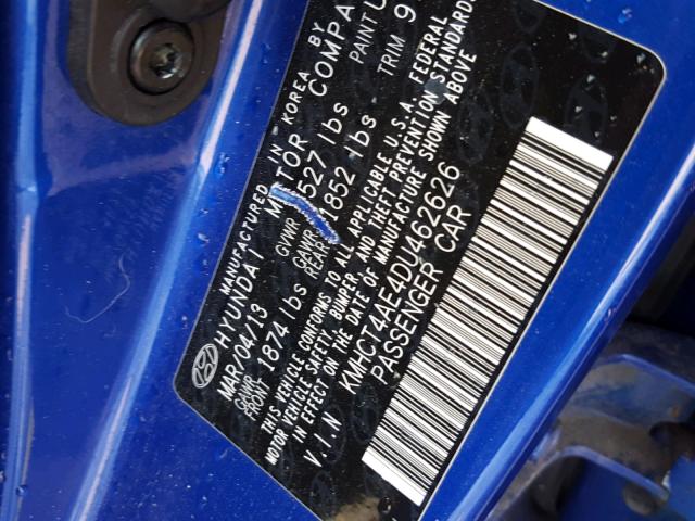 KMHCT4AE4DU462626 - 2013 HYUNDAI ACCENT GLS BLUE photo 10